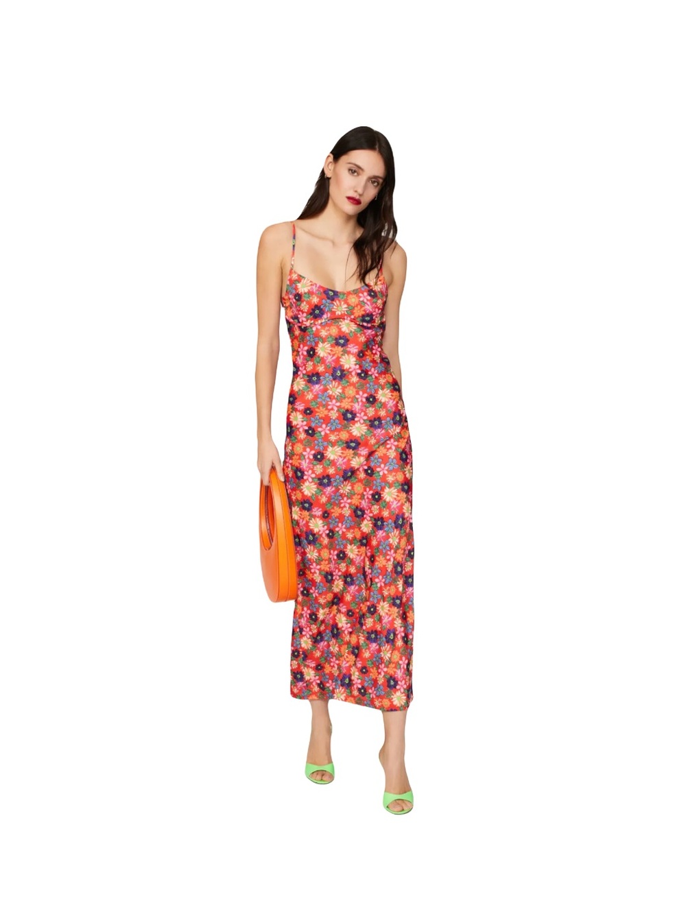 Louna MEDIUM Red micro floral maxi slip dress backless adjustable straps RTR EUC